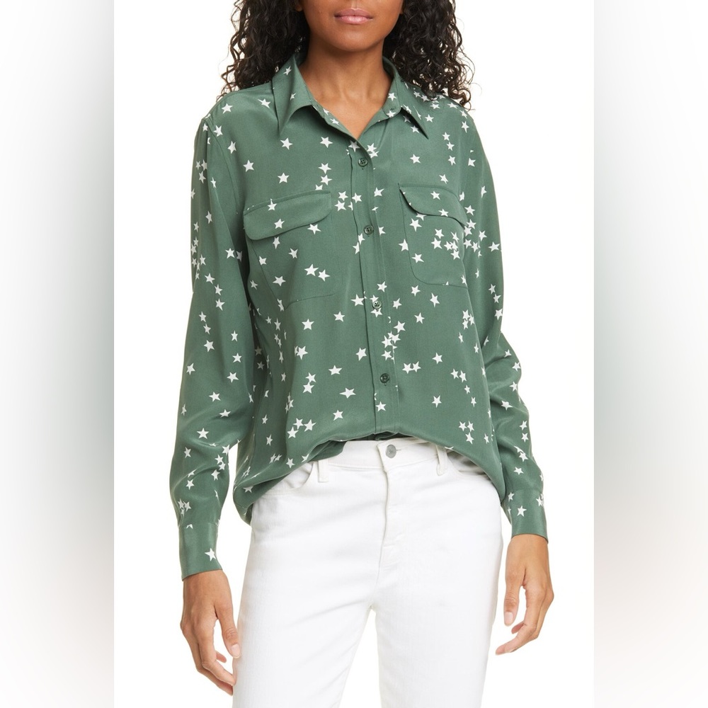 Equipment, Signature Silk Shirt, cilantro/white stars, XS